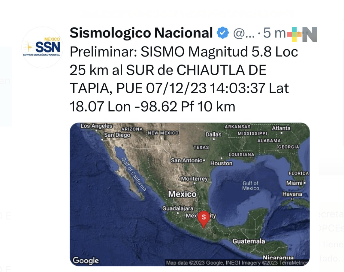 Sismo magnitud 5.8 al sur de Puebla se percibe en regiones de Xalapa y Coatepec: SPC